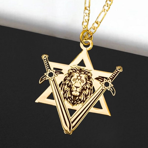 Collier Lion de Juda avec étoile de David. Pendentif Lion de Juda. collier d'épées de fer. Pendentif lion et étoile de David. Collier israélites