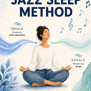 Puede incluir: Ilustración en acuarela que promueve el "Método Jazz Sleep". Una persona con una parte superior blanca y pantalones azules medita. El texto incluye "Inhala", "Exhala" y "Descansa tranquilo. Despierta renovado. Vive mejor."