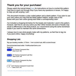 May include: A white document with the text "Thank you for your purchase!" and a shopping list for crochet supplies. The list includes needles, a crochet hook, and thread. Bead colors are listed with their counts.