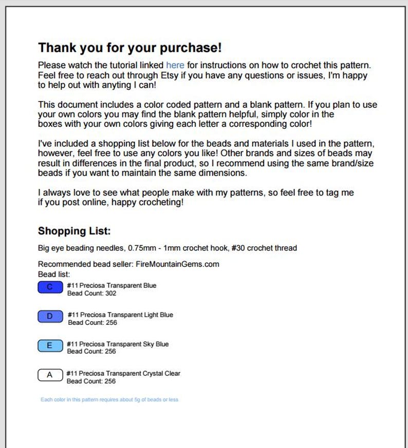 May include: A white document with the text "Thank you for your purchase!" and a shopping list for crochet supplies. The list includes needles, a crochet hook, and thread. Bead colors are listed with their counts.