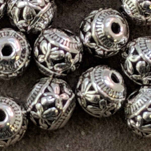 10 pcs Tibetan Style Alloy Beads, Round with Butterfly, Antique Silver, 8x7.5mm, Hole: 1.5mm    PH267