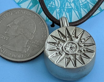 Compass Rose Pendant on necklace by JourneyWorks with 14mm working compass on reverse side   CS004