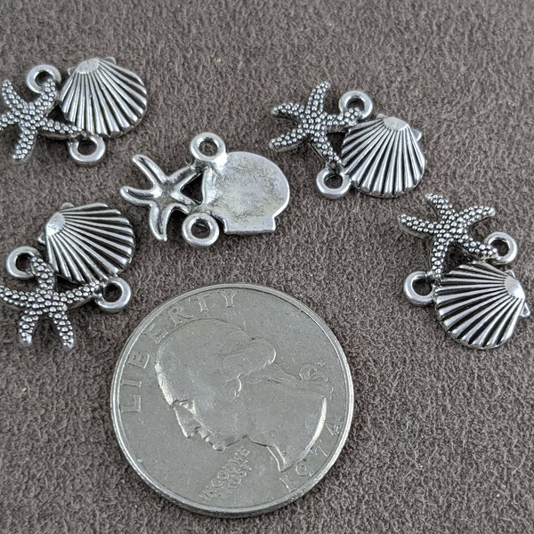 5 pcs Tibetan Style Alloy Links, Starfish/Scallop Shell, Nickel Free, Thai Sterling Silver Plated, 18x13.5x2.5mm, Hole: 1.5mm    PH781