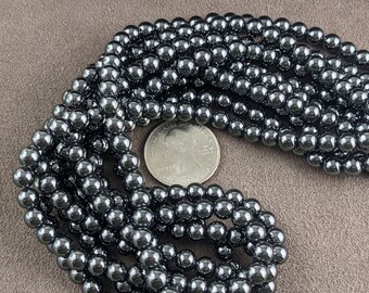 6mm Natural Hematite Smooth Round beads, approx 70 per 16" strand    PGO084