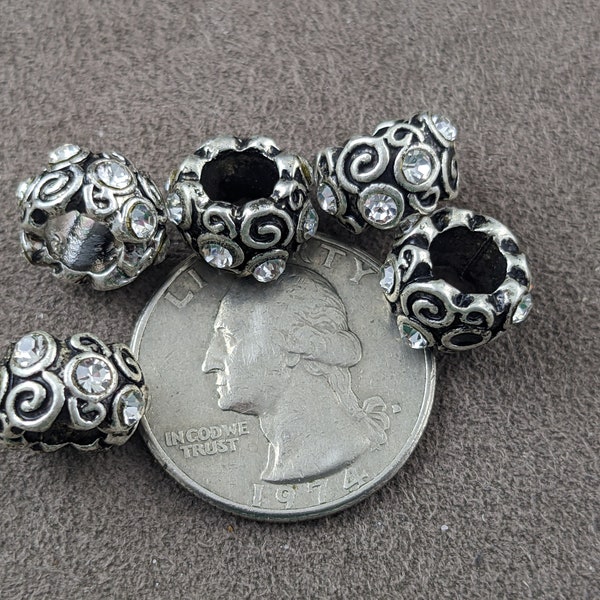 5 pcs Vintage Zinc Alloy Rhinestone European Beads, Large Hole Beads, Rondelle Carved Vortex, Antique Silver,12x7mm, Hole: 5mm    PH1072