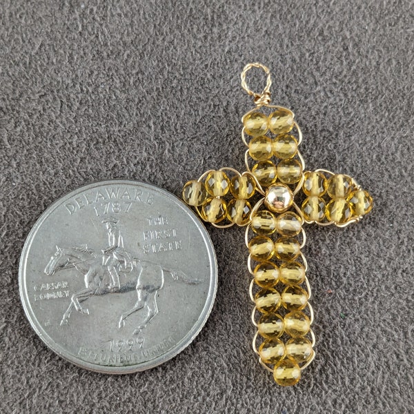 Natural Piezoelectric Quartz Faceted Round Bead Cross, Copper Wire Wrapped w/Brass Bead, Golden Wire, 46x26x4mm, Hole: 3.5mm    PH1780-PQZ