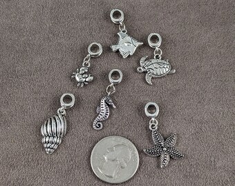 2 sets Mixed OCEAN Theme Tibetan Style Alloy Large Hole European Dangle Charms, Antique Silver, 26-37mm, Hole: 5mm, 6pcs/set    PH1707