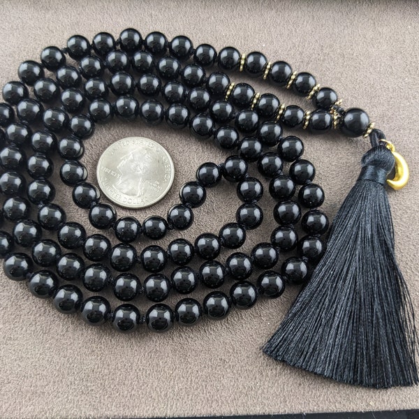 8mm Black Tourmaline Knotted Mala Prayer Beads with Black Tassel and Moon Phase Charm, 108 beads, 40 inches    SSS001