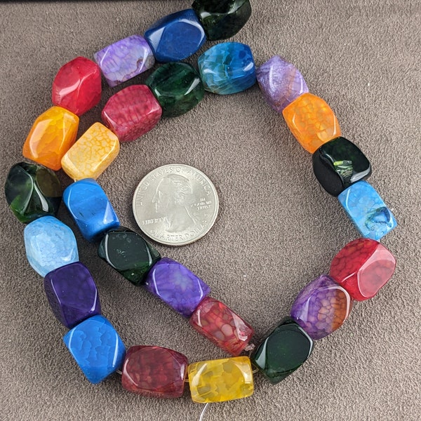 Natural Dragon Veins Agate Faceted Octagonal Oval Beads, Dyed-Heated, Colorful, 15-17x11-11.5x11-11.5mm, Hole: 1mm, 24pcs, 15.16 inch PH1224