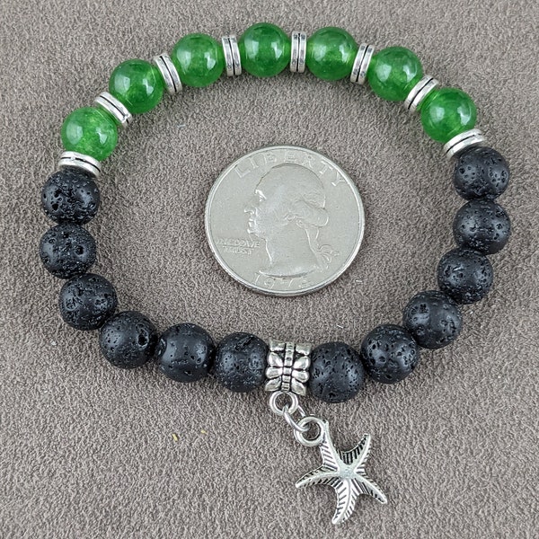 Natural Lava Rock Beads Charm Bracelet, with Taiwan Jade and Alloy Findings, Starfish/Sea Stars, Antique Silver, 2 inch    PH1725