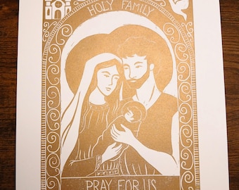 Holy Family 8x10 Metallic Gold Linocut Block Print