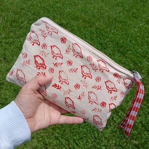 Little Birdie Linocut Stamped Pouch - back to school pouch for markers, pens, pencils, makeup