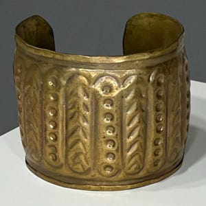 Vintage 1960s Brass Cuff Bracelet Handcrafted Repousse Boho Statement Adjustable Wide Mid Century Artisan Jewelry