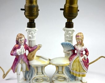 Antique German Porcelain Figural Lamps: Victorian Couple Courting Scene, Hand Painted Gold Accents