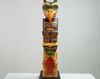 Vintage Hand Carved Totem Pole 20 Inch Northwest Coast Folk Art Wood Sculpture Mid Century Alaska Indigenous Style Decor