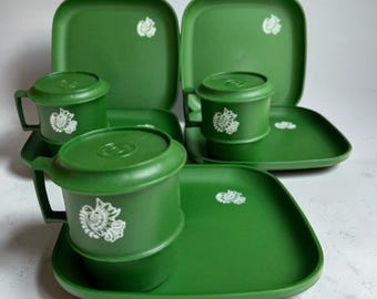 Juego de aperitivos Tupperware vintage, tazas y platos con diseño de paloma verde aguacate, 11 piezas, estilo retro de los años 70, ideal para la cocina o como accesorio de cocina. Decoración de mediados de siglo.