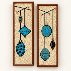 May include: Two rectangular wall art pieces in brown wooden frames featuring a textured beige background. Each panel displays black lines suspending various geometric shapes in bright turquoise and black, including diamond and orb forms.