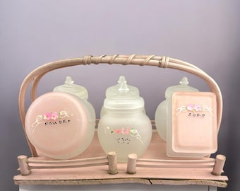 Vintage 1940s Frosted Glass Nursery Vanity Set Pink Floral Apothecary Jars Powder Soap Baby Set Wood Tray Cottage Decor
