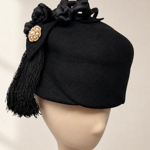 Vintage French Black Cocktail Hat 1950s Toque Tassel Pearl Paris Vintage paris hat - Gem main image 4