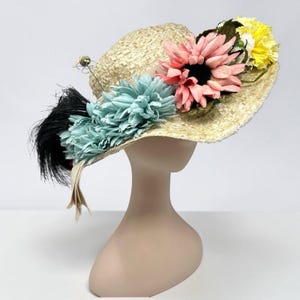 Vintage Union Made Floral Straw Hat Wide Brim Derby Garden Party 1970s Wedding Straw 1960s Vintage Hats for Women for sale | eBay main image 4
