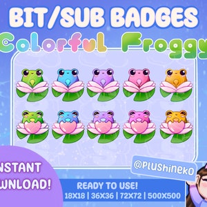 Urocze odznaki tęczowej żaby gotowe do użycia! | Odznaki Twitcha | Odznaki streamera | Bity | Kolorowe | Discord | Lilypad | Kawaii Pastel Chibi Frog
