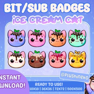 Emblemas de gatinho de sorvete | Pronto para usar! | Emblemas Twitch | Emblemas de streamer | Pedaços | Discórdia | Gato fofo gatinho doce | Cor Kawaii Chibi Mochi
