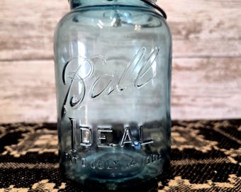 Ball Ideal Quart Mason Jar, PAT'D July 14 1908, Aqua Glass With
