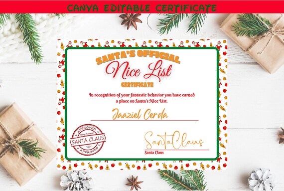 EDITABLE Nice List Certificate Printable Santa's Official | Etsy