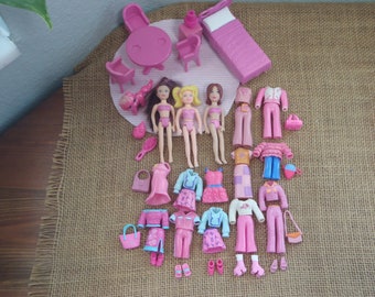 Vintage Polly Pocket poppen "Kleuren van de regenboog" roze outfits schoenen huisdier veel kleding C64