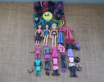 Vintage Polly Pocket Dolls Girl "Colors of the Rainbow" Black Outfits Shoes Pet Lot Clothes C12