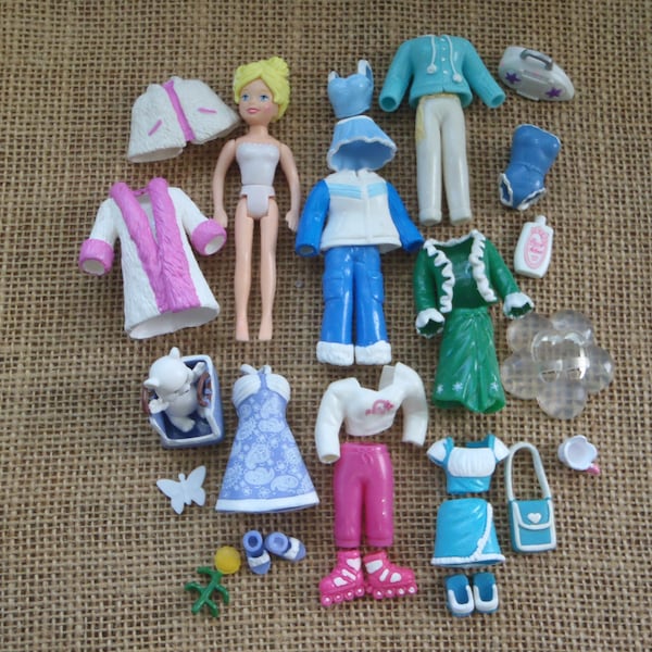 Vintage Polly Pocket Doll Girl "Colors of the Rainbow" White Outfits Shoes Pet Lot Clothes A11