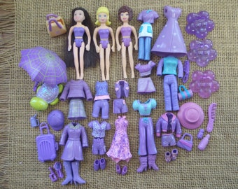 Vintage Polly Pocket Dolls "Colors of the Rainbow" Purple Outfits Shoes Pet Lot Clothes C15