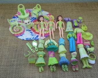 Vintage Polly Pocket Dolls "Colors of the Rainbow" Green Outfits Shoes Pet Lot Clothes C42