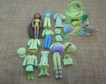 Vintage Polly Pocket Dolls "Colors of the Rainbow" Green Outfits Shoes Pet Lot Clothes Y9