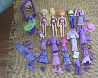 Vintage Polly Pocket Dolls "Colors of the Rainbow" Purple Outfits Shoes Pet Lot Clothes C16