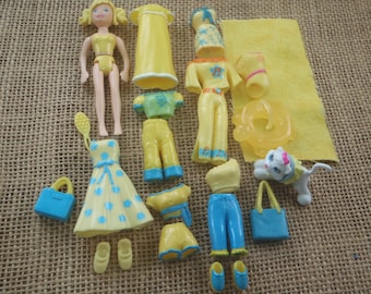 Vintage Polly Pocket Dolls &quot;Colors of the Rainbow&quot; Yellow Outfits Shoes Pet Lot Clothes Y14