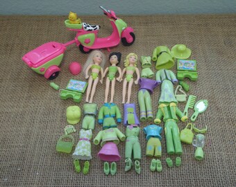 Vintage Polly Pocket Dolls "Colors of the Rainbow" Green Outfits Shoes Pet Lot Clothes C41