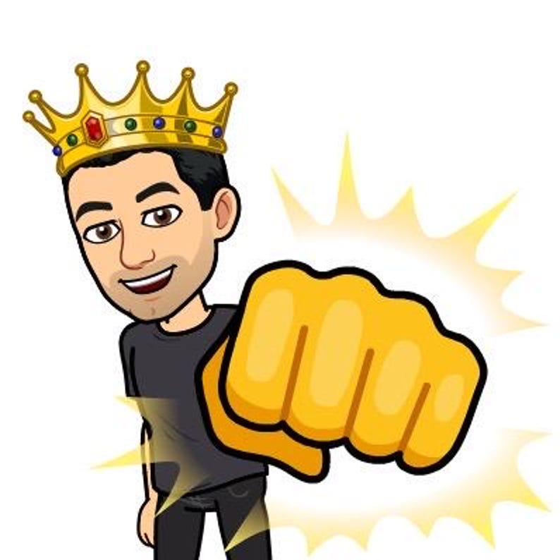 May include: A cartoon illustration of a person wearing a gold crown with a red jewel and a black shirt, making a fist with their right hand.