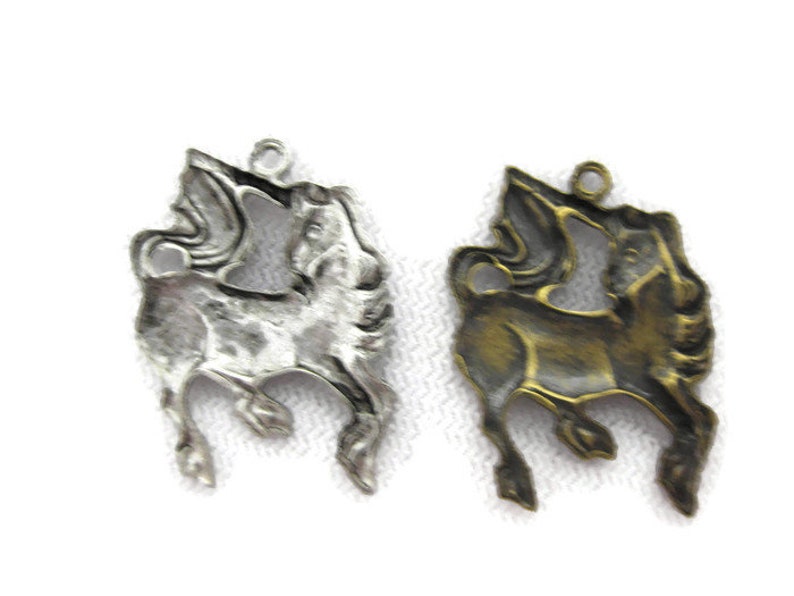 2 pieces Antiqued Brass Vintage Design Unicorn Charm with Ring Made in the USA