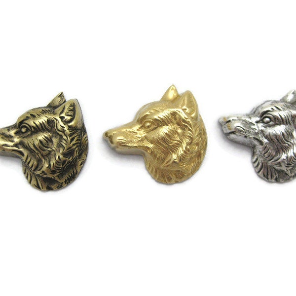 Brass Vintage Design Left Facing Wolf Head , Made in the USA