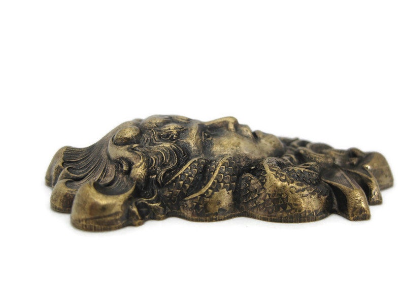 May include: A gold-toned metal wall decor featuring a detailed, sculpted face with intricate hair and a textured, scaly design.