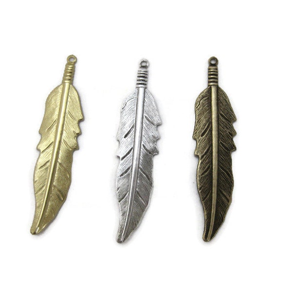 Brass Vintage Design Large Feather Pendant (4 pieces), Made in the USA