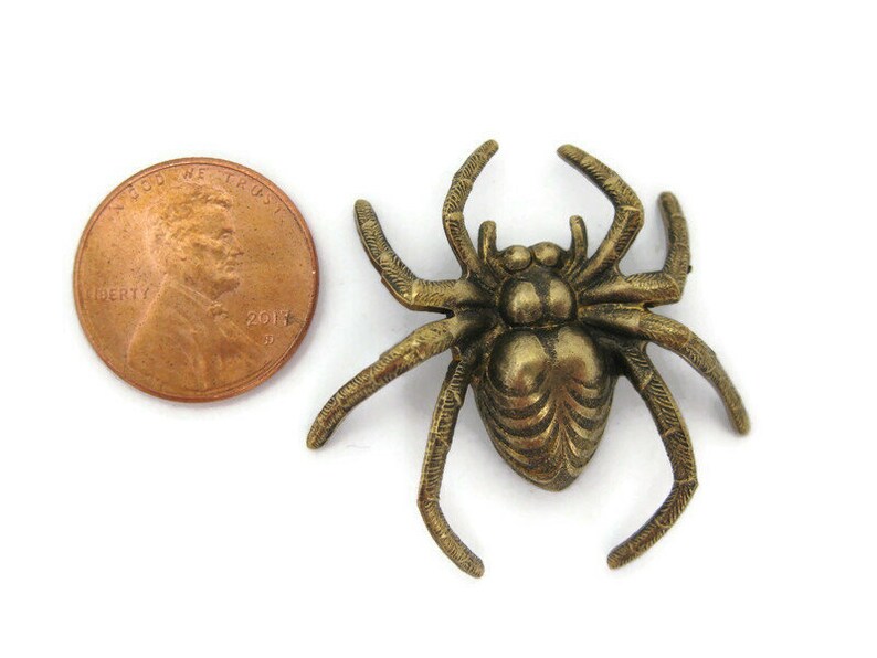 May include: A gold-toned metal spider brooch with detailed legs and a textured body. The brooch is about the size of a US penny.