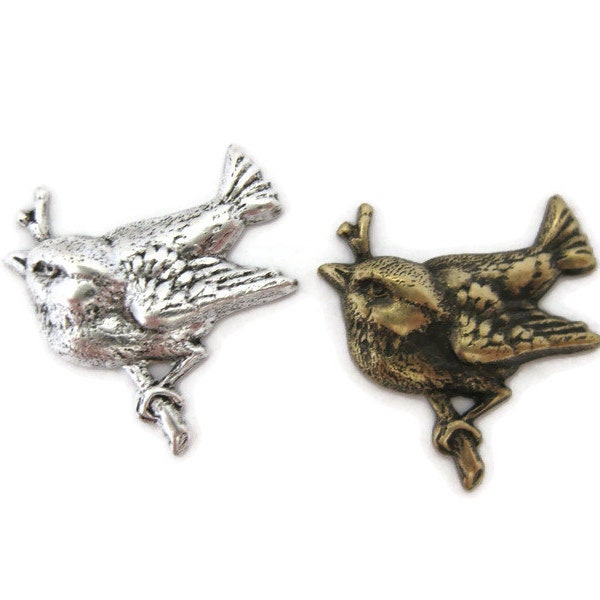 Brass Vintage Design Small Chickadee On A Branch Stamping (2 pieces) , Made in the USA