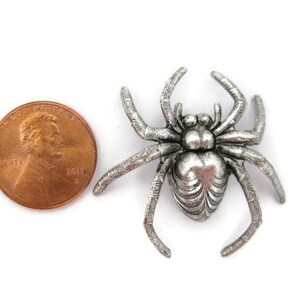 May include: A silver-toned spider brooch, approximately the size of a US penny.