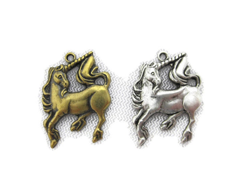 2 pieces Antiqued Brass Vintage Design Unicorn Charm with Ring Made in the USA