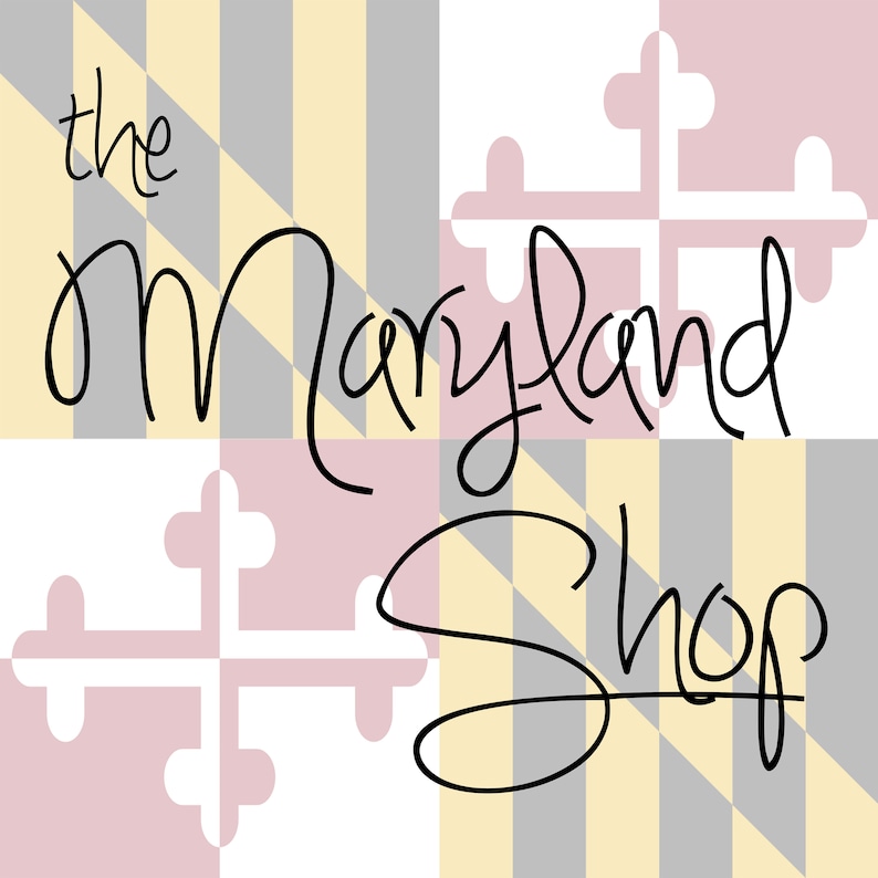 May include: The Maryland Shop logo features the words "the Maryland Shop" in a flowing black script. The background is a pattern of the Maryland flag's colors and cross symbols, including red, white, yellow, and gray.