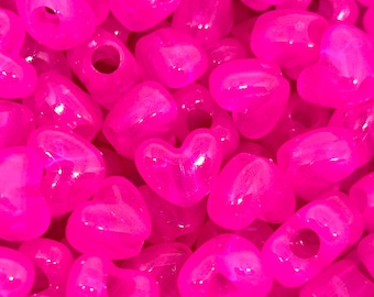 Neon Pink Translucent Heart Beads, Valentine's Day Heart Shaped Pony Beads, Rave Beads