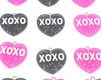 Pink and Black XOXO Conversation Heart Resin Charms, Pendants, Gothic jewelry, Goth Pendants, Gothic Lolita