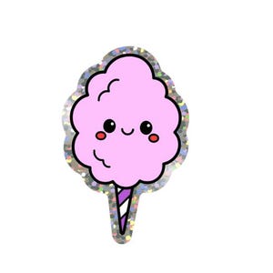 May include: A cute, cartoon-style cotton candy sticker. The cotton candy is light pink with a smiling face, black eyes, and rosy cheeks. The edges are outlined in black and have a sparkly, silver border. The cone is striped with purple and white.
